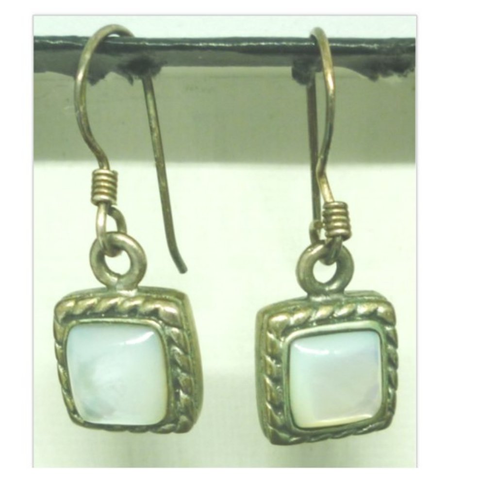 Sterling Silver .925 Square White Pearl Moonstone Dangling Post Earrings